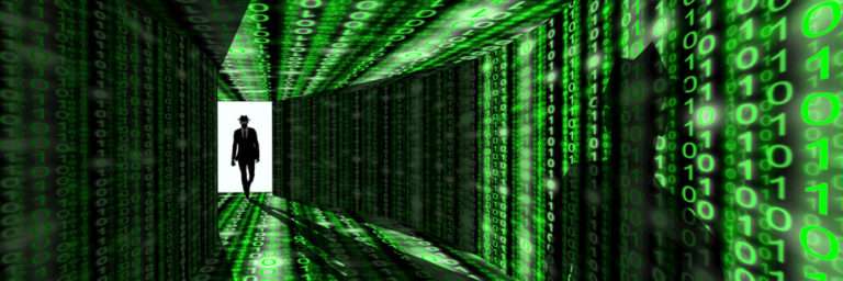 Cyber crime fighter walks down a matrix-like green hallway