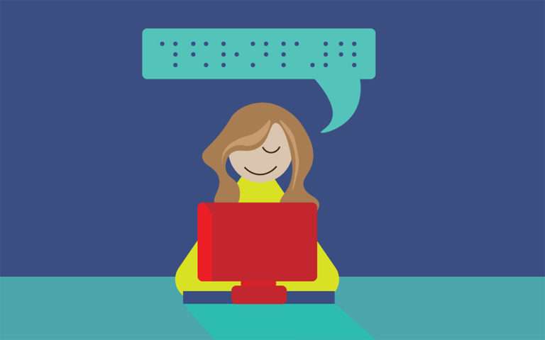 Article: Little ways to improve your online inclusivity. Illustration shows a girl sitting in front of a computer with a braille speech bubble above her head.