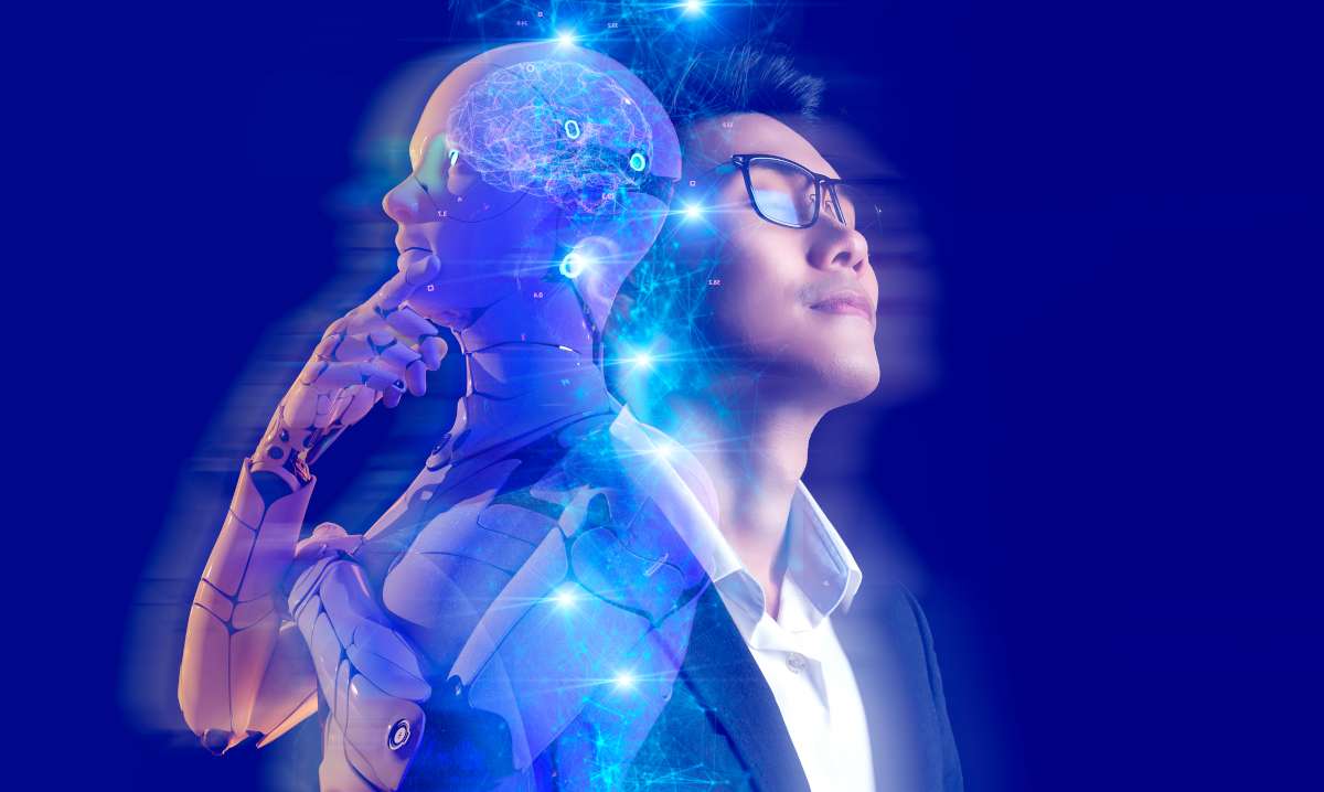 Man wearing glasses overlaid with tech robot.