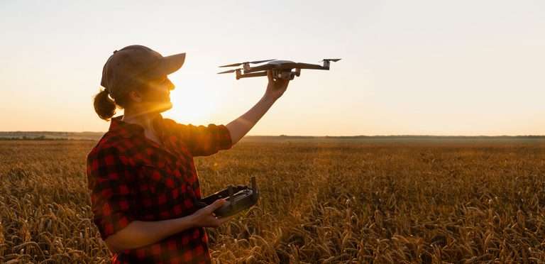 Woman farmer with drone on a wheat field