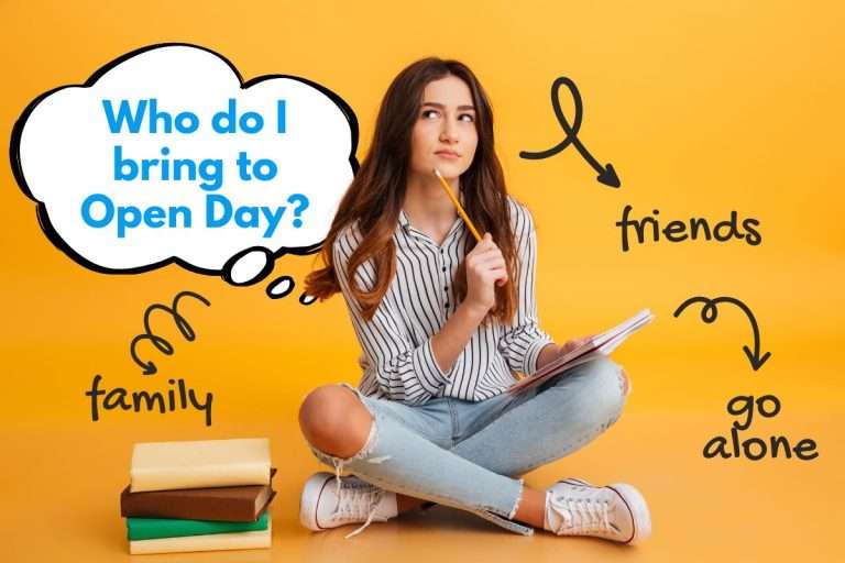 Who do I bring to open day in a speech bubble, with thinking woman with stack of books. Options: family, friends, go alone.