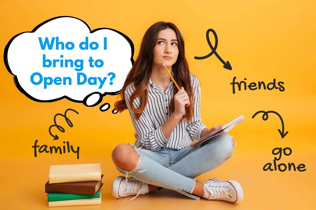 Who do I bring to open day in a speech bubble, with thinking woman with stack of books. Options: family, friends, go alone.