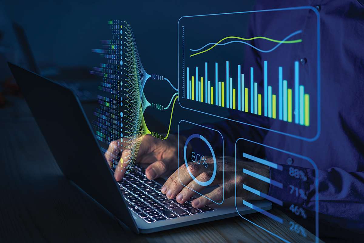 Laptop with blue and green graph overlay