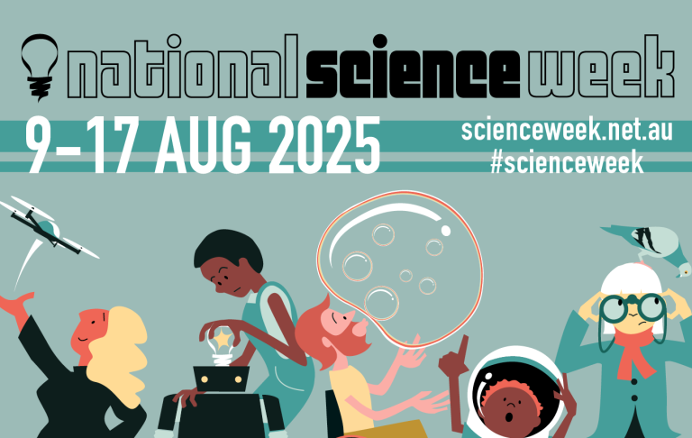 National Science Week logo and cartoon characters