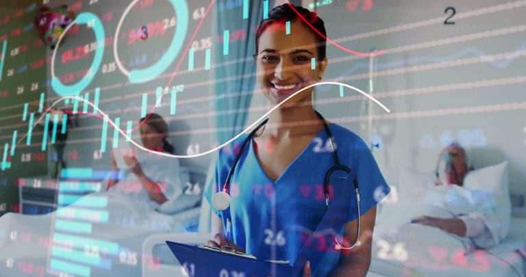 Image of maths data processing over biracial female doctor in hosptial. Global medicine, connections, computing and data processing concept digitally generated image.