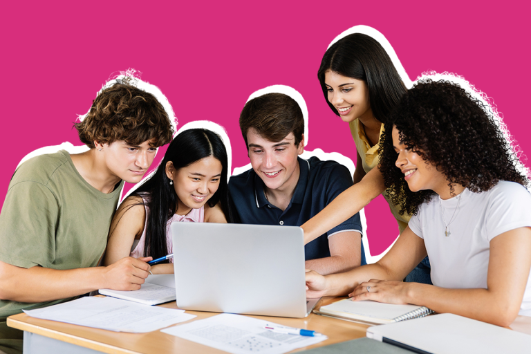5 diverse high-school students sitting around a laptop