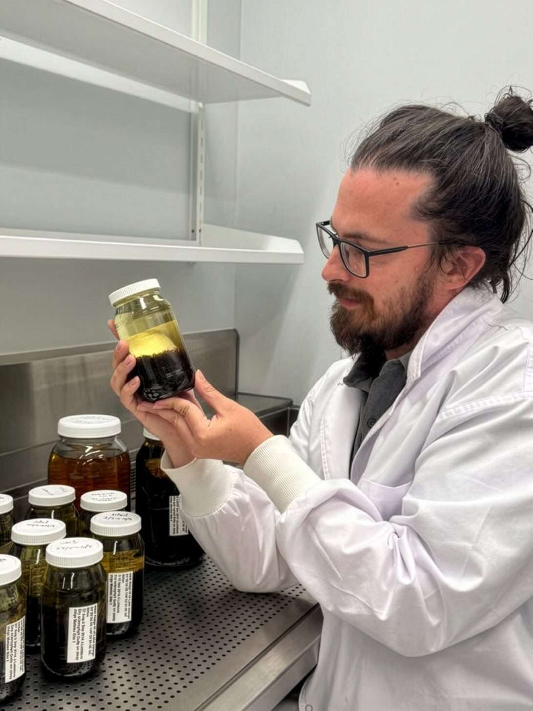 Person with beard and glasses holding jar of flies.