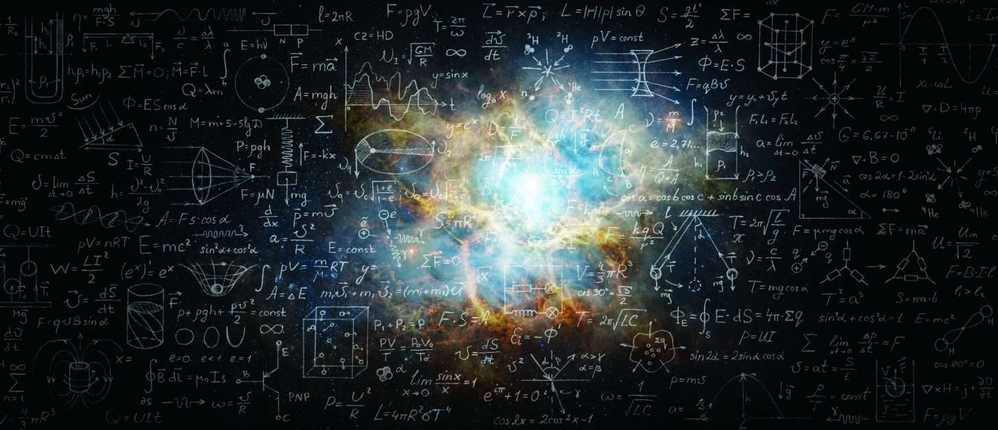 Mathematical and physical formulas against the background of a galaxy in universe. Space Background on the theme of science and education. Elements of this image furnished by NASA.