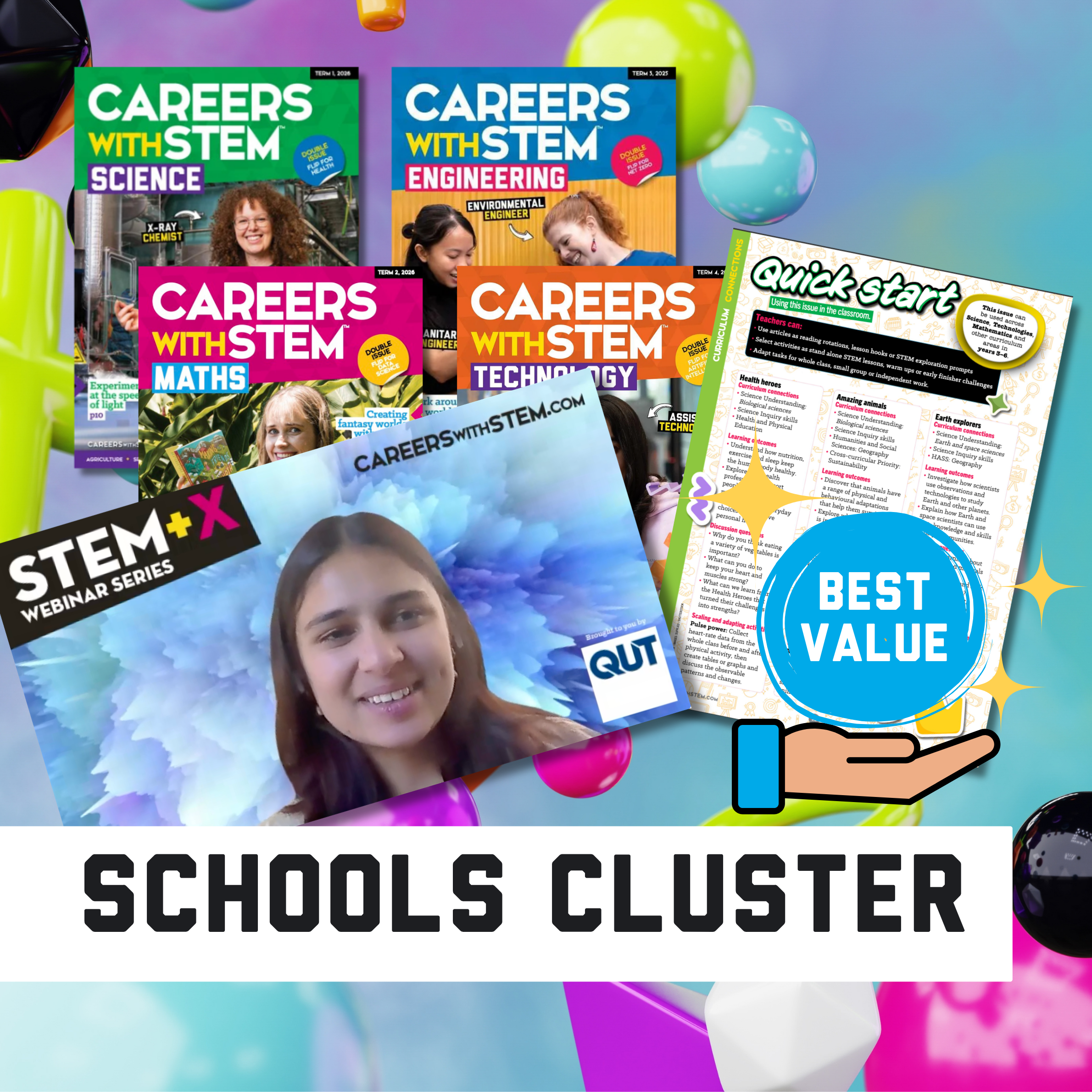 Webinar screenshot, quick start guide and four magazine covers