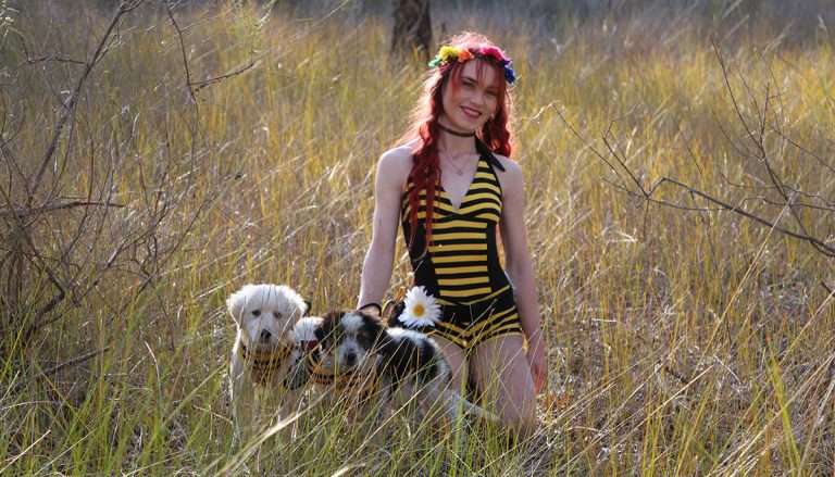 Woman in bee outfit with two dogs