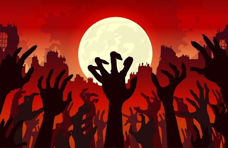 Hand and arms of zombies rise up a lot at the same time with an abandoned city and full moon background. Illustration about the crowd of evil spirits.