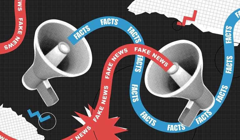 Contemporary art collage. Megaphone with Facts vs Fake News. Social media propaganda. False and truth information spreading. Conspiracy theory. Vector vintage pop art composition banner