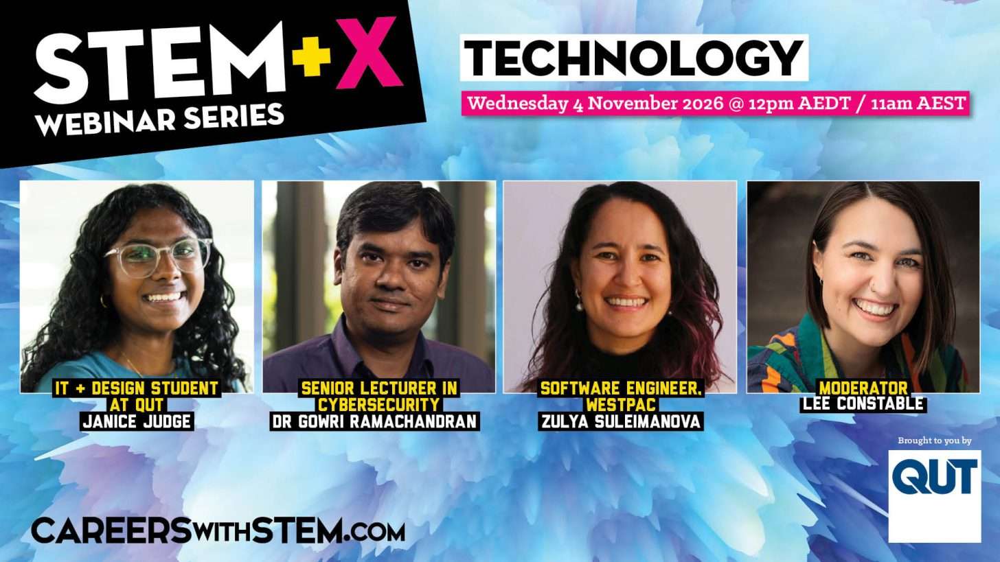 Four profile pictures of speakers for STEM+X Technology webinar