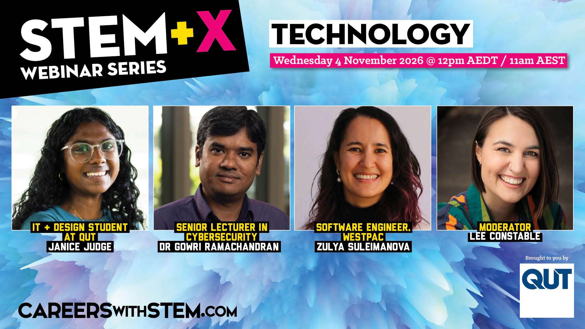 Four profile pictures of speakers for STEM+X Technology webinar
